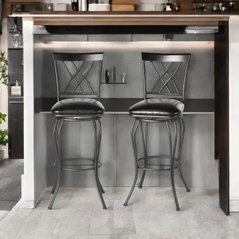 Set of Two 24" Black Faux Leather and Iron Counter Height Swivel Bar Chairs
