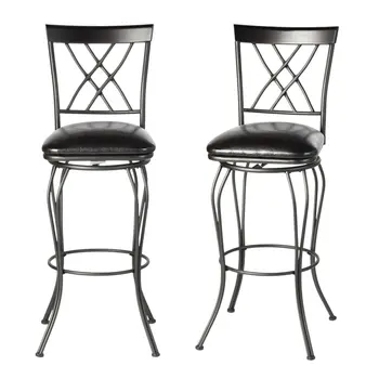 Set of Two 24" Black Faux Leather and Iron Counter Height Swivel Bar Chairs