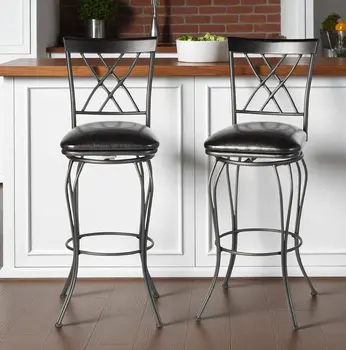 Set of Two 24" Black Faux Leather and Iron Counter Height Swivel Bar Chairs