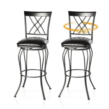 Set of Two 24" Black Faux Leather and Iron Counter Height Swivel Bar Chairs