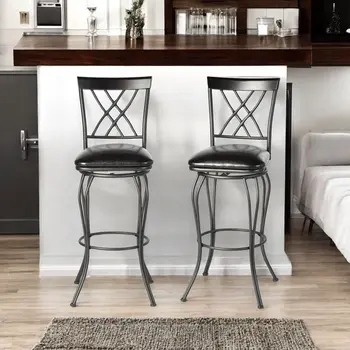 Set of Two 30" Black Faux Leather and Iron Bar Height Swivel Bar Chairs