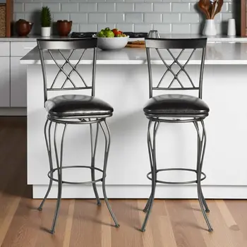 Set of Two 30" Black Faux Leather and Iron Bar Height Swivel Bar Chairs