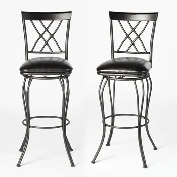 Set of Two 30" Black Faux Leather and Iron Bar Height Swivel Bar Chairs