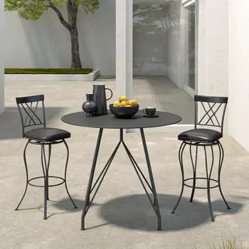 Set of Two 30" Black Faux Leather and Iron Bar Height Swivel Bar Chairs