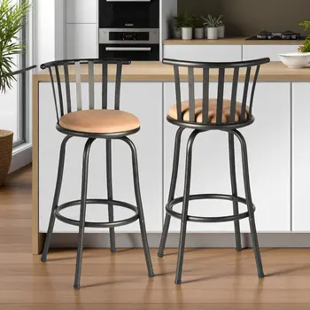 Set of Two Brown and Black Faux Leather and Iron Low Back Adjustable Height Swivel Bar Chairs