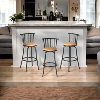 Set of Three Brown and Black Faux Leather and Iron Low Back Adjustable Height Swivel Bar Chairs