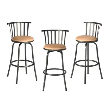 Set of Three Brown and Black Faux Leather and Iron Low Back Adjustable Height Swivel Bar Chairs