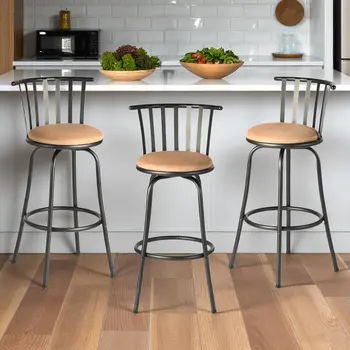 Set of Three Brown and Black Faux Leather and Iron Low Back Adjustable Height Swivel Bar Chairs