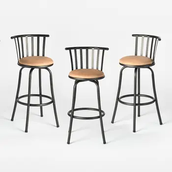 Set of Three Brown and Black Faux Leather and Iron Low Back Adjustable Height Swivel Bar Chairs