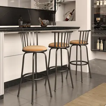 Set of Three Brown and Black Faux Leather and Iron Low Back Adjustable Height Swivel Bar Chairs