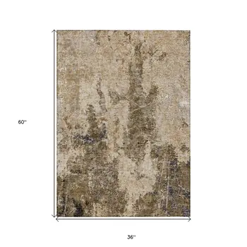 3' X 5' Khaki And Taupe Abstract Washable Indoor Outdoor Area Rug