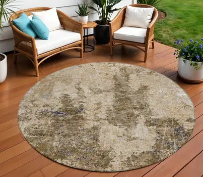 8' Khaki And Taupe Round Abstract Washable Indoor Outdoor Area Rug