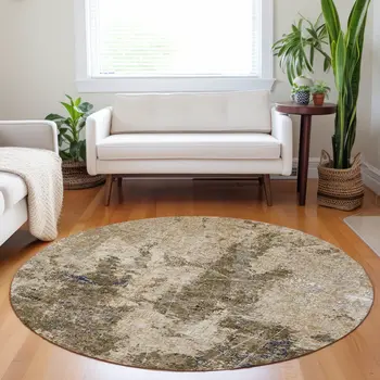 8' Khaki And Taupe Round Abstract Washable Indoor Outdoor Area Rug