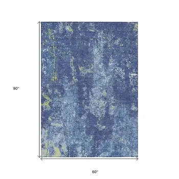 5' X 8' Navy Blue And Denim Blue Abstract Washable Indoor Outdoor Area Rug