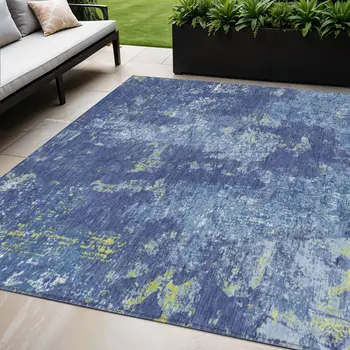 5' X 8' Navy Blue And Denim Blue Abstract Washable Indoor Outdoor Area Rug