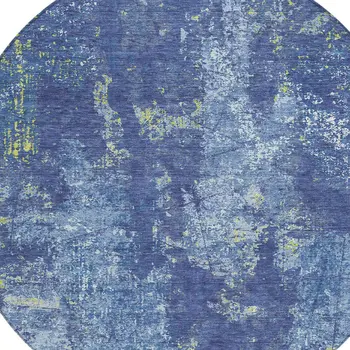 8' Navy Blue And Denim Blue Round Abstract Washable Indoor Outdoor Area Rug