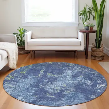 8' Navy Blue And Denim Blue Round Abstract Washable Indoor Outdoor Area Rug