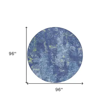 8' Navy Blue And Denim Blue Round Abstract Washable Indoor Outdoor Area Rug