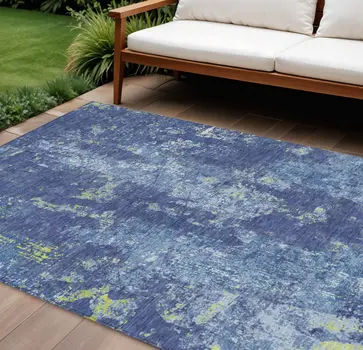 8' X 10' Navy Blue And Denim Blue Abstract Washable Indoor Outdoor Area Rug