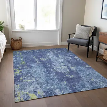9' X 12' Navy Blue And Denim Blue Abstract Washable Indoor Outdoor Area Rug