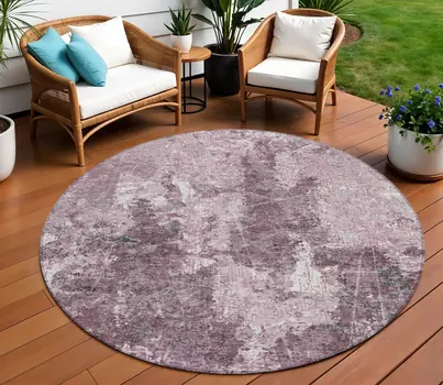 8' Pink And Mauve Round Abstract Washable Indoor Outdoor Area Rug