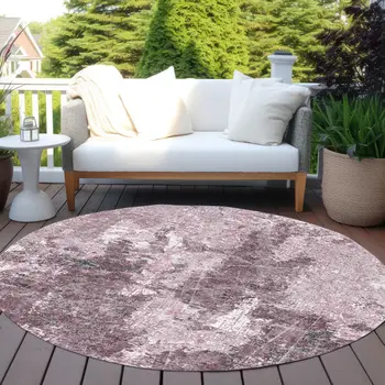 8' Pink And Mauve Round Abstract Washable Indoor Outdoor Area Rug