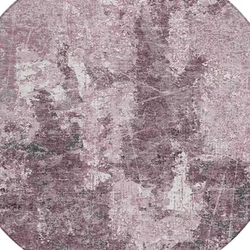 8' Pink And Mauve Round Abstract Washable Indoor Outdoor Area Rug
