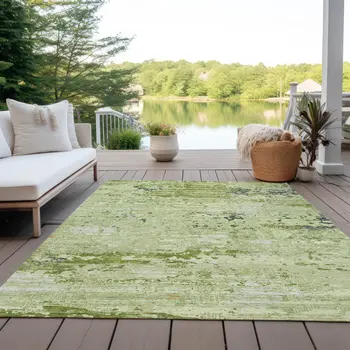 3' X 5' Artichoke Green And Olive Green Abstract Washable Indoor Outdoor Area Rug