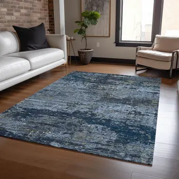 3' X 5' Blue And Navy Blue Abstract Washable Indoor Outdoor Area Rug