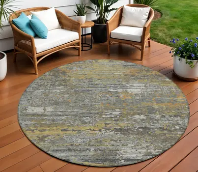 8' Gold And Taupe Round Abstract Washable Indoor Outdoor Area Rug