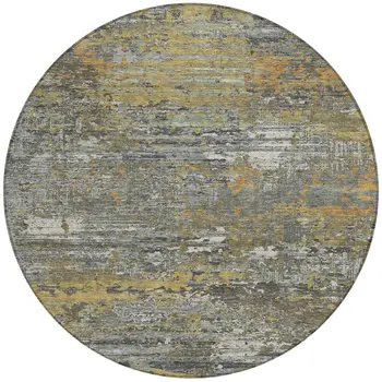 8' Gold And Taupe Round Abstract Washable Indoor Outdoor Area Rug