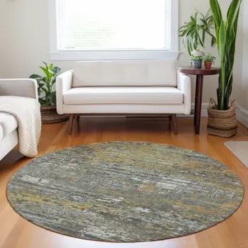 8' Gold And Taupe Round Abstract Washable Indoor Outdoor Area Rug