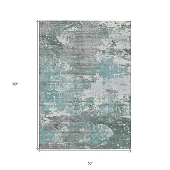 3' X 5' Blue And Teal Blue Abstract Washable Indoor Outdoor Area Rug