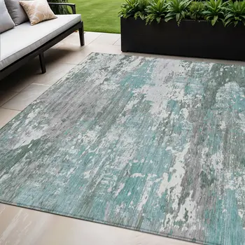 5' X 8' Blue And Teal Blue Abstract Washable Indoor Outdoor Area Rug
