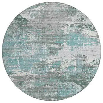 8' Blue And Teal Blue Round Abstract Washable Indoor Outdoor Area Rug