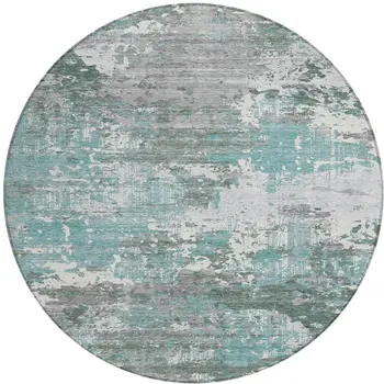 8' Blue And Teal Blue Round Abstract Washable Indoor Outdoor Area Rug