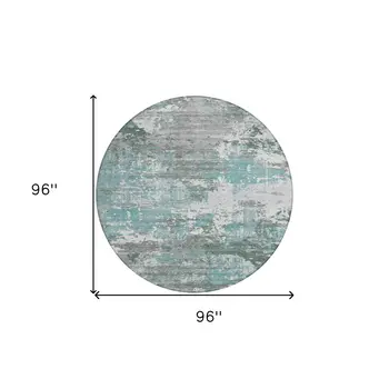 8' Blue And Teal Blue Round Abstract Washable Indoor Outdoor Area Rug