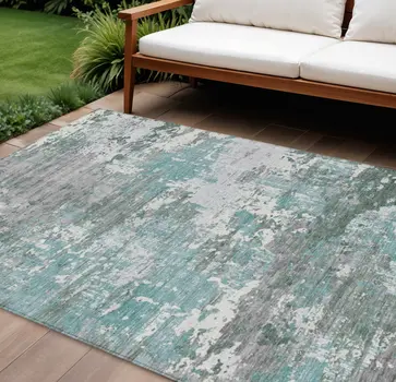 10' X 14' Blue And Teal Blue Abstract Washable Indoor Outdoor Area Rug