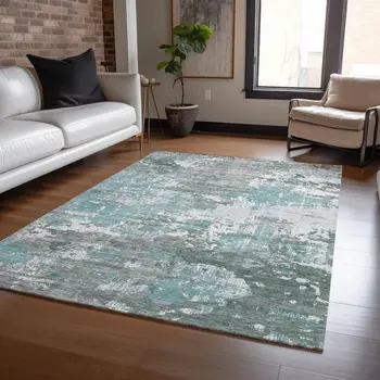 10' X 14' Blue And Teal Blue Abstract Washable Indoor Outdoor Area Rug