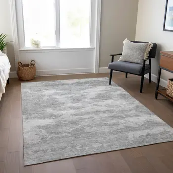 3' X 5' Silver And Gray Abstract Washable Indoor Outdoor Area Rug