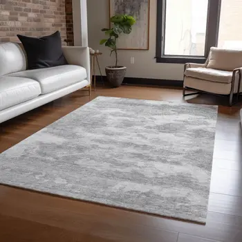 9' X 12' Silver And Gray Abstract Washable Indoor Outdoor Area Rug