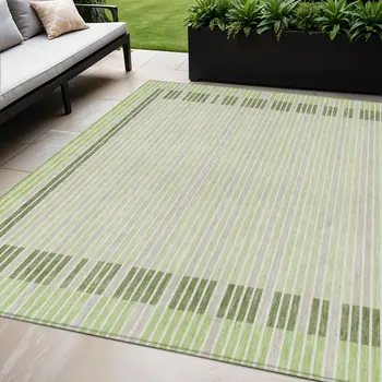 5' X 8' Artichoke Green And Mint Green Striped Washable Indoor Outdoor Area Rug