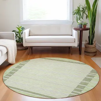 8' Artichoke Green And Mint Green Round Striped Washable Indoor Outdoor Area Rug