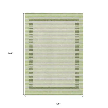 9' X 12' Artichoke Green And Mint Green Striped Washable Indoor Outdoor Area Rug