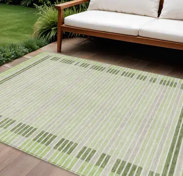 10' X 14' Artichoke Green And Mint Green Striped Washable Indoor Outdoor Area Rug