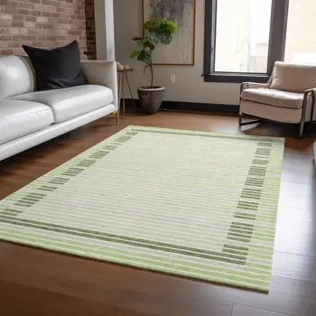 10' X 14' Artichoke Green And Mint Green Striped Washable Indoor Outdoor Area Rug