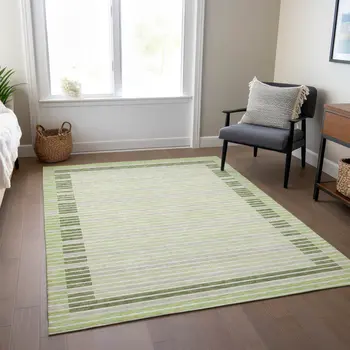 10' X 14' Artichoke Green And Mint Green Striped Washable Indoor Outdoor Area Rug