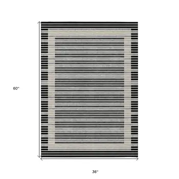 3' X 5' Black And Beige Striped Washable Indoor Outdoor Area Rug