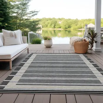 3' X 5' Black And Beige Striped Washable Indoor Outdoor Area Rug