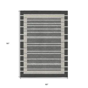 5' X 8' Black And Beige Striped Washable Indoor Outdoor Area Rug